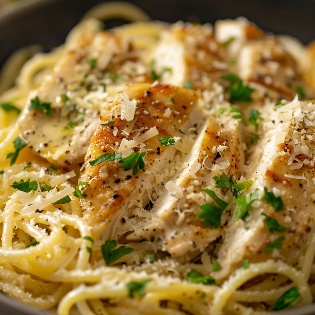 Eye-level shot of spaghetti topped with chicken and parmesan in warm lighting.