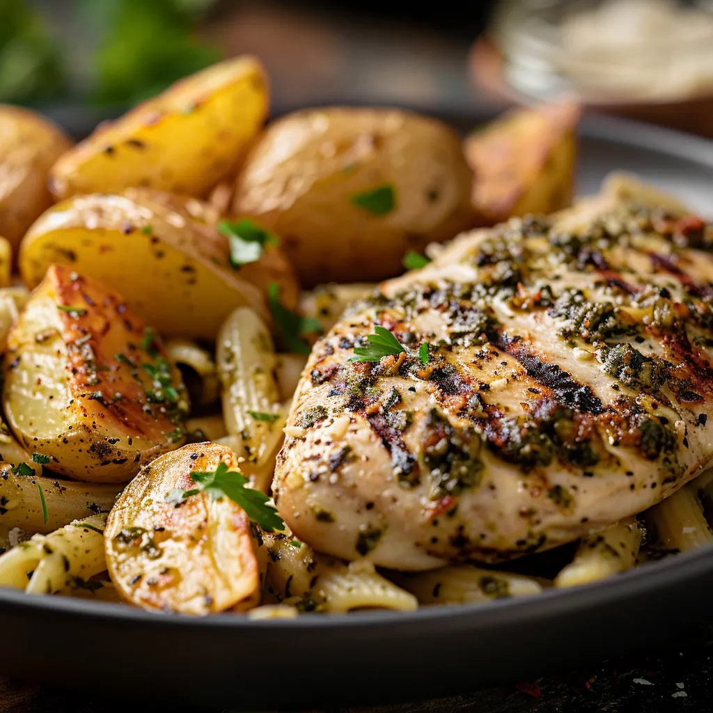 Delicious loaded herb grilled chicken beside creamy pesto pasta and crispy roasted potatoes.