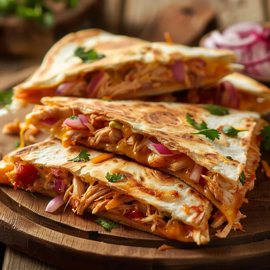 A golden-brown BBQ chicken quesadilla sliced and topped with cilantro.