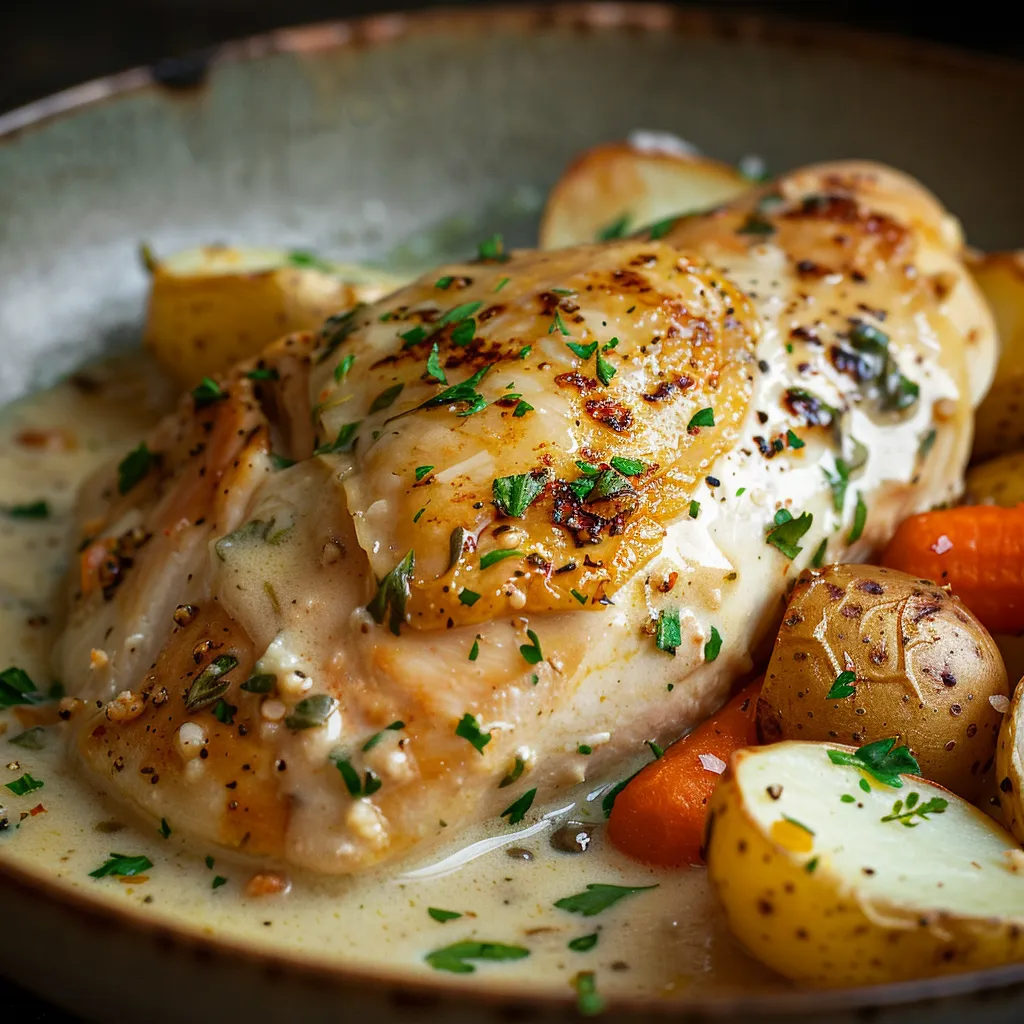 A delicious plate of creamy herb chicken, fluffy mashed potatoes, and vibrant glazed carrots, beautifully arranged.