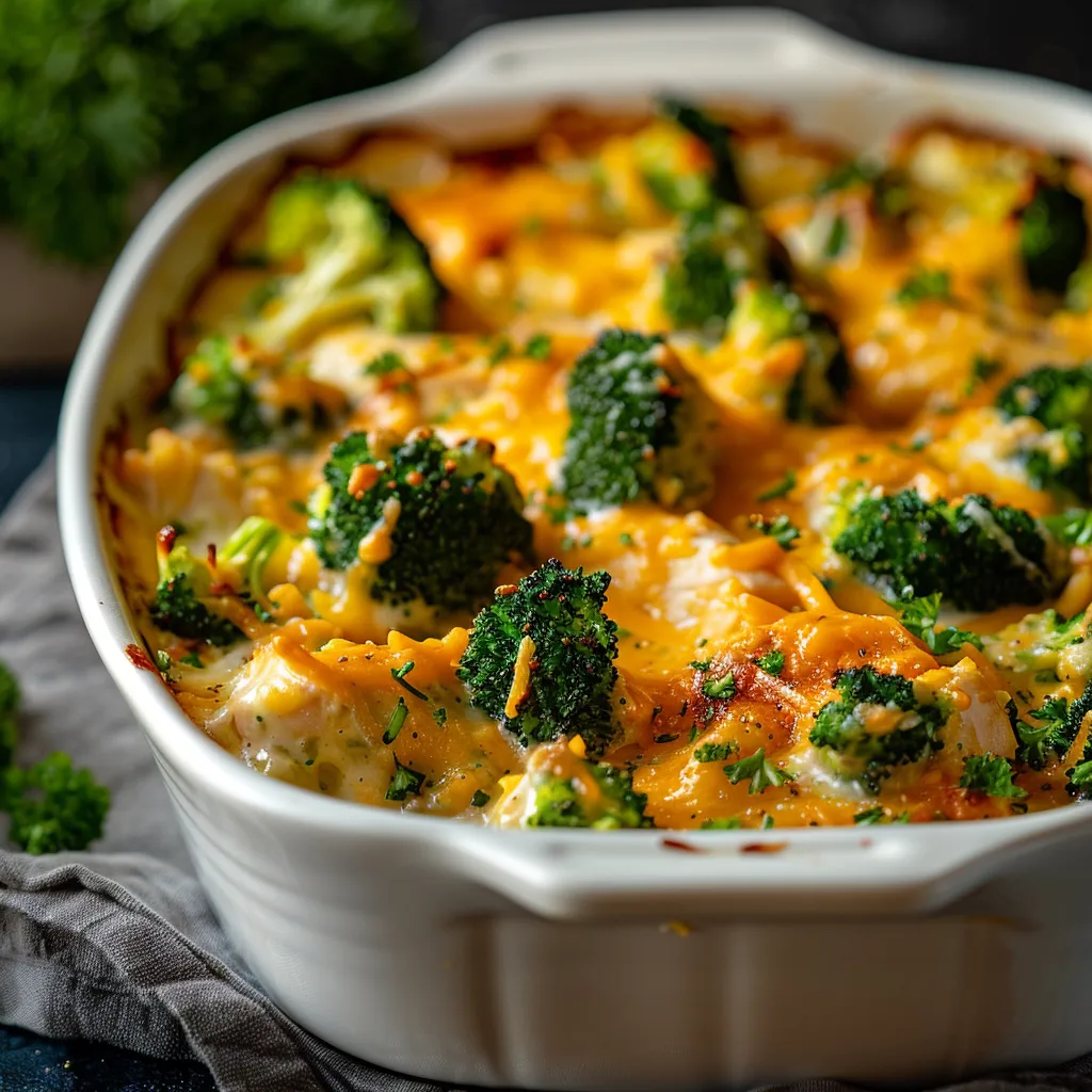 Delicious Healthy Broccoli Chicken Casserole served in a dish, with visible ingredients like broccoli and melted cheese.