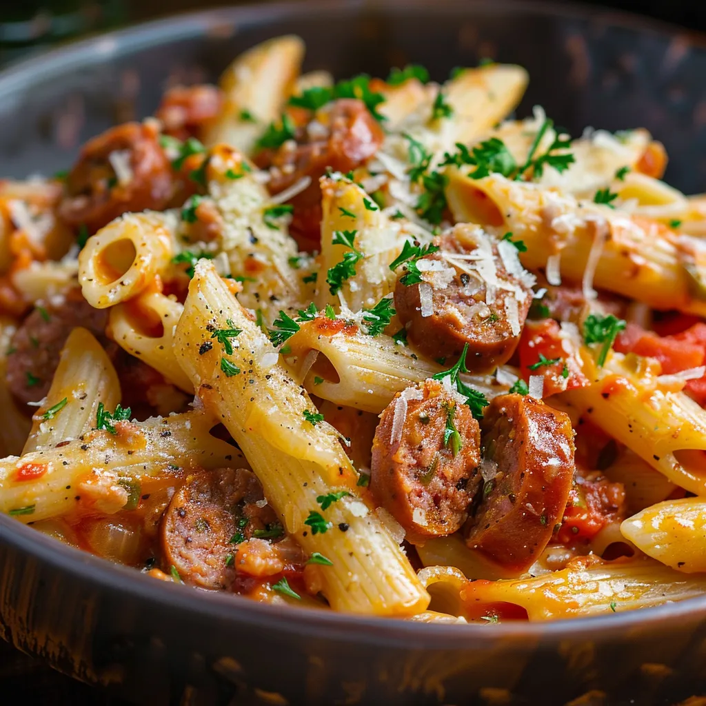 Delicious penne pasta with sliced sausage in a creamy sauce, garnished with parsley, against a softly lit backdrop.