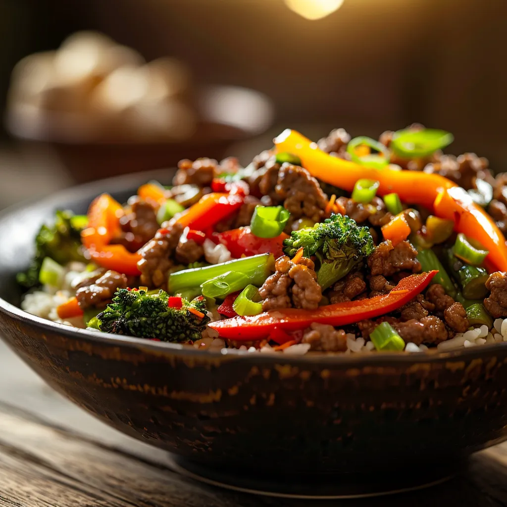 Detailed view of a bowl filled with ground beef, mixed veggies, and garnished with green onions.