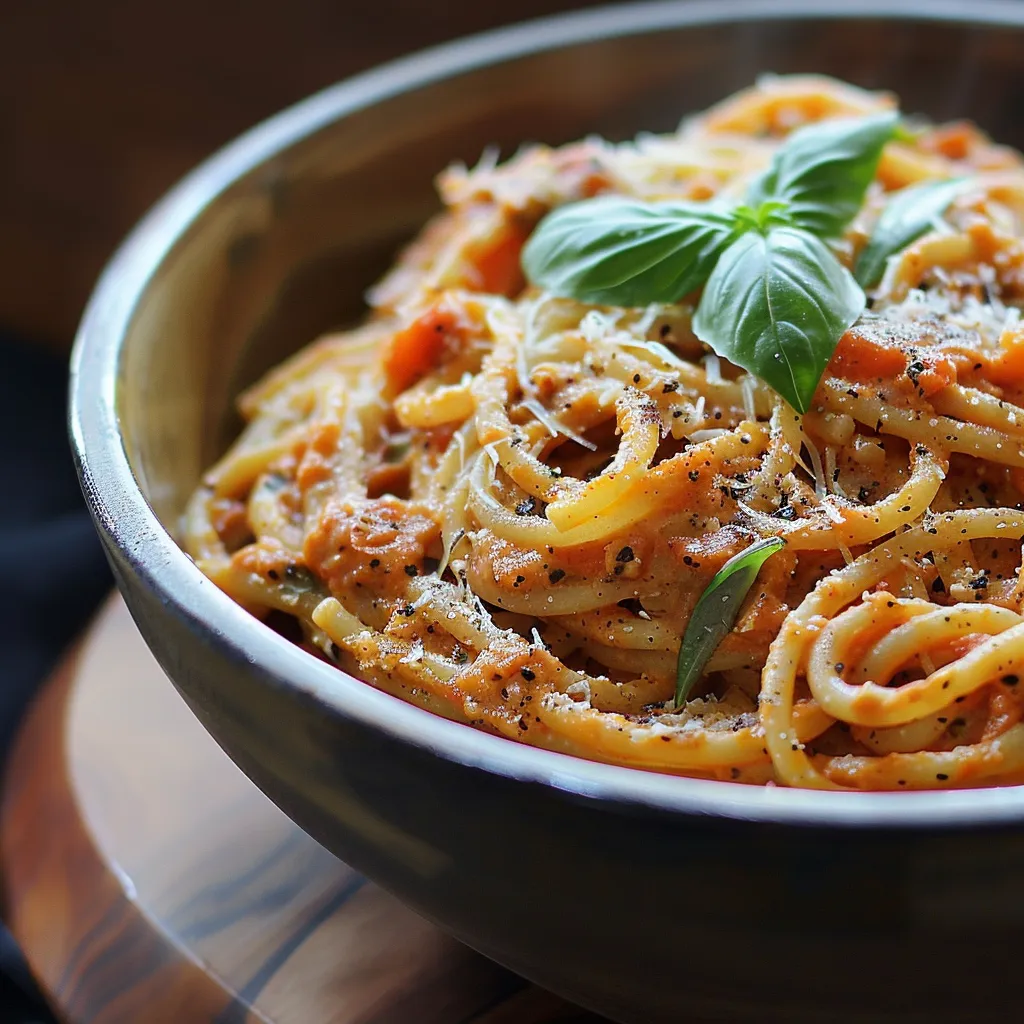 An eye-level shot of a delicious bowl of creamy tomato pasta with garlic, surrounded by a blurred background.