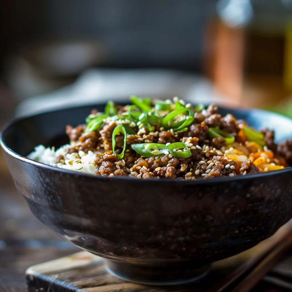 A delicious bowl of Korean ground beef garnished with green onions and sesame seeds.