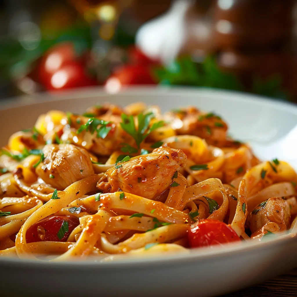 Mouthwatering cowboy butter chicken linguine garnished with parsley, shot from eye level.