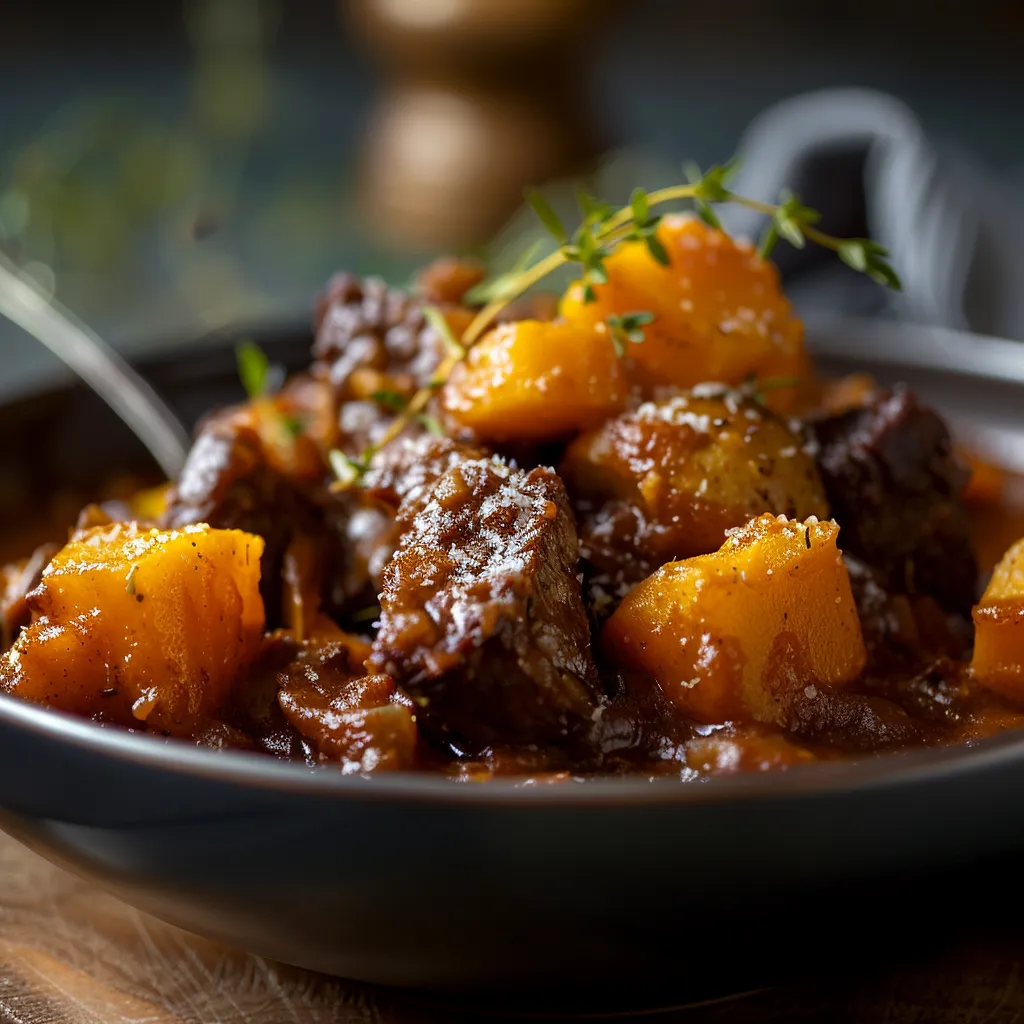A visually appealing fall comfort food dish featuring beef and squash, with a cozy soft background.