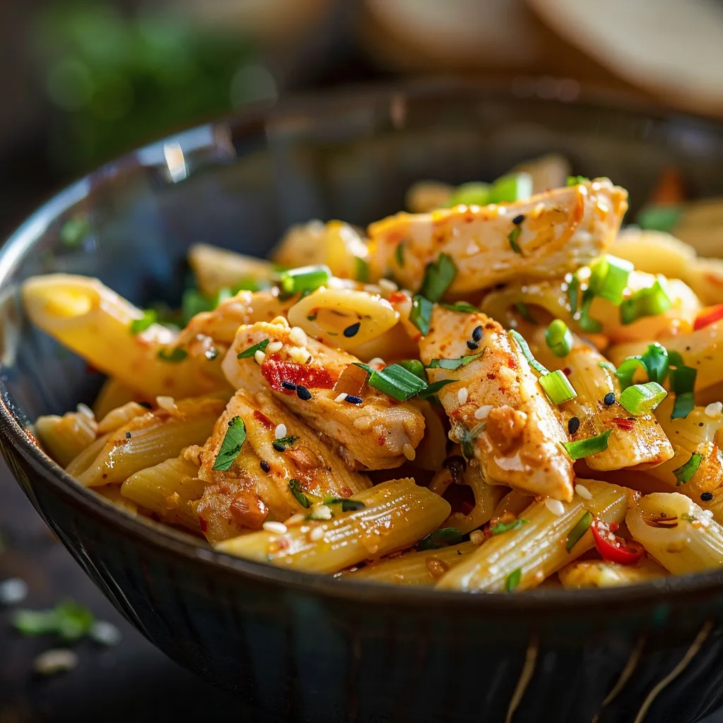 Bowl of penne pasta topped with chicken and garnished with green onions.