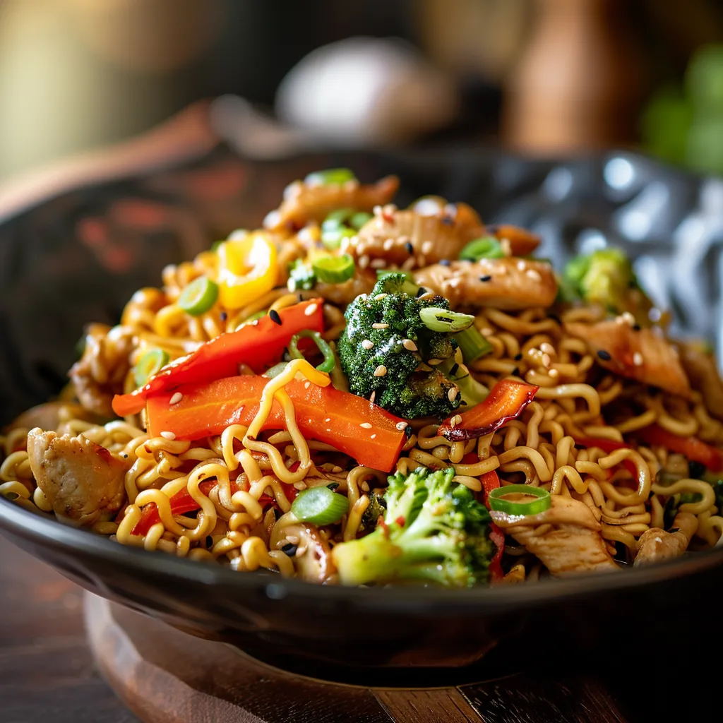 Eye-level shot of a Chicken Ramen Stir Fry with broccoli, bell pepper, and carrots, garnished with green onions.