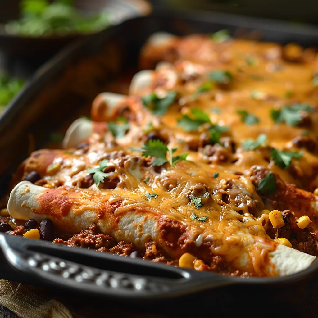 Deliciously baked enchiladas filled with ground beef, black beans, and corn, with a warm, inviting appearance.