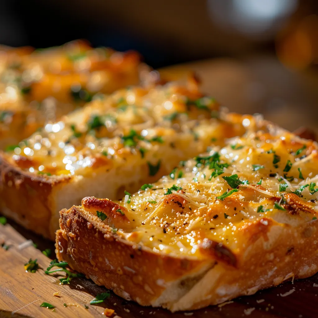 Eye-level view of freshly baked garlic bread topped with melted mozzarella and parsley.