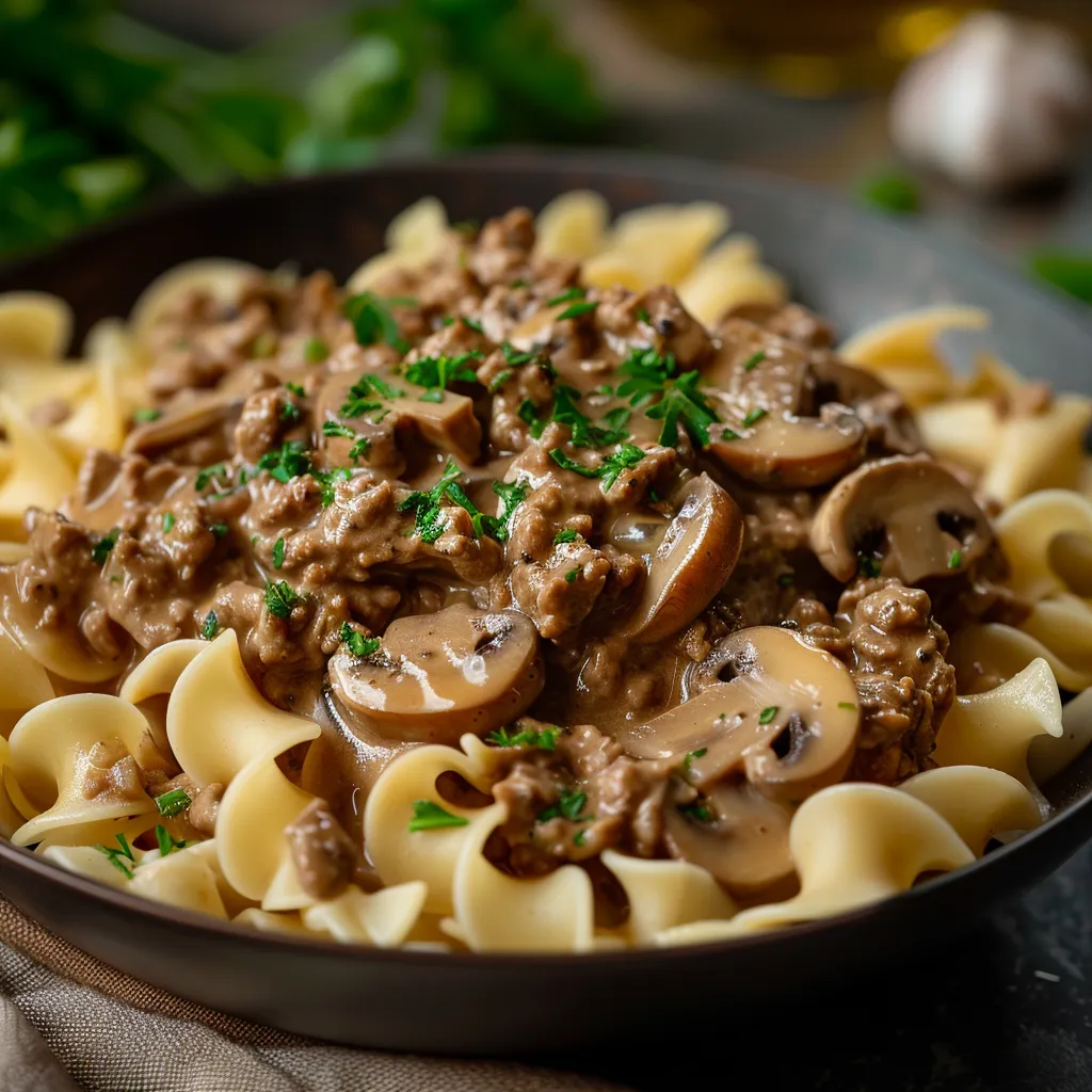 A delicious bowl of Ground Beef Stroganoff featuring tender noodles, beef, and mushrooms in a rich sauce.