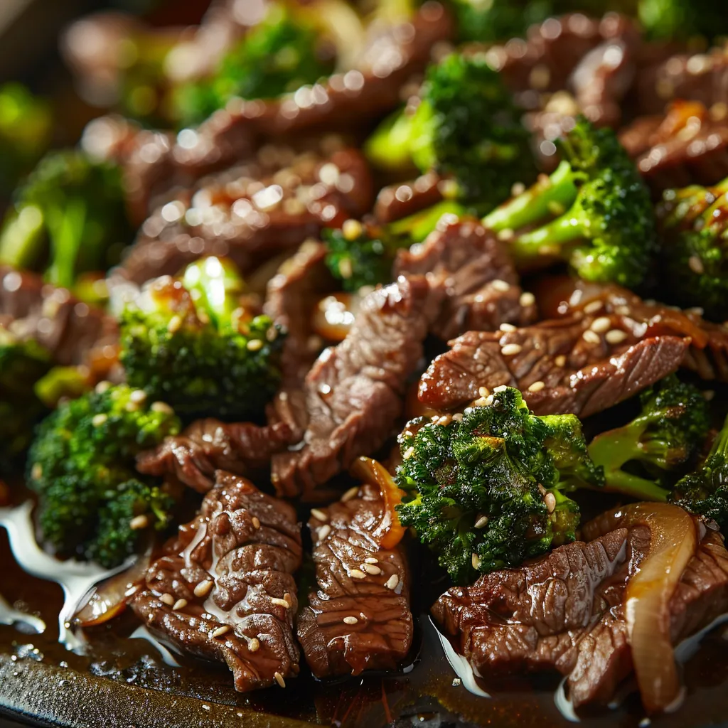 A delicious arrangement of sliced beef and fresh broccoli on a sheet pan, illuminated by natural light.