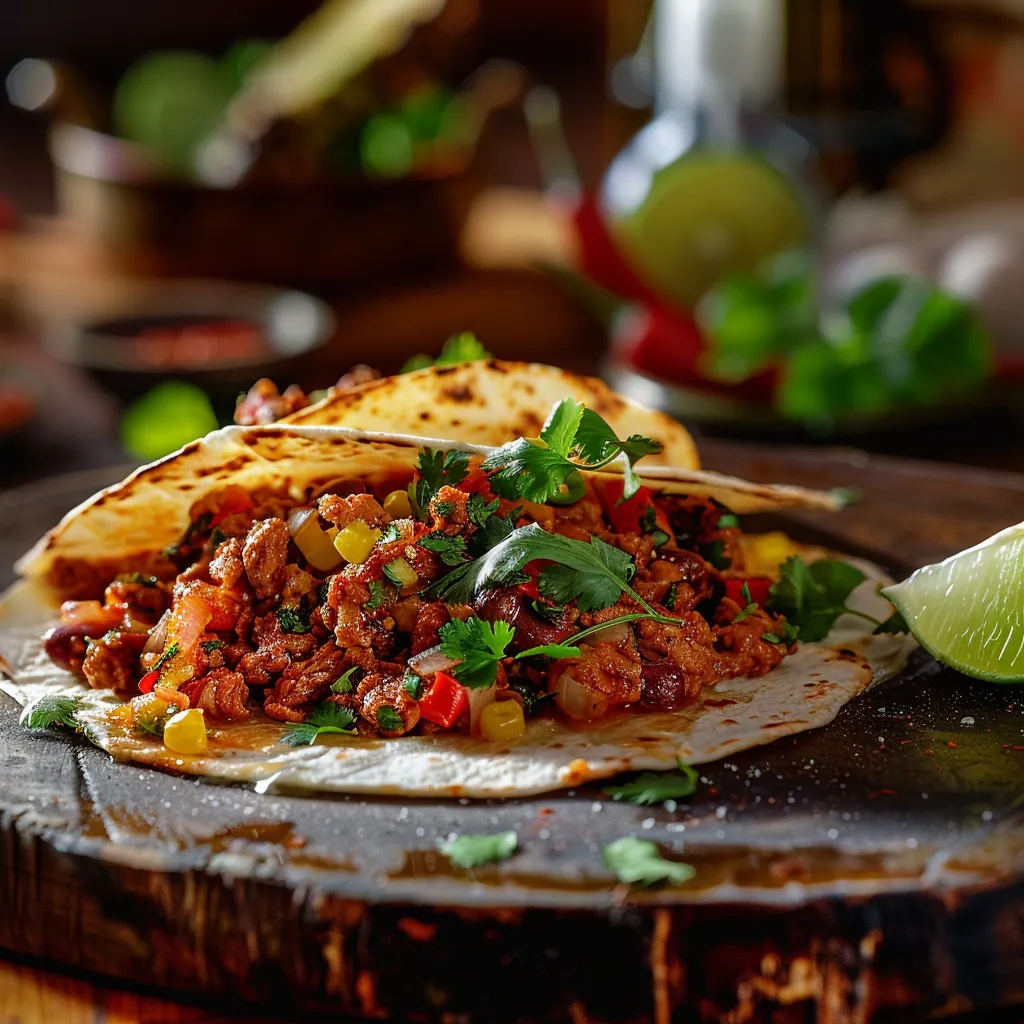 Eye-level view of an inviting Mexican kitchen featuring colorful plates and ingredients.