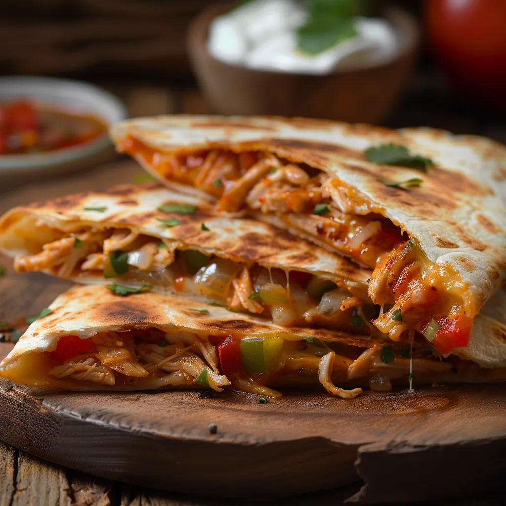 A warm chicken quesadilla sliced into triangles, showcasing its cheesy interior and vibrant bell peppers.