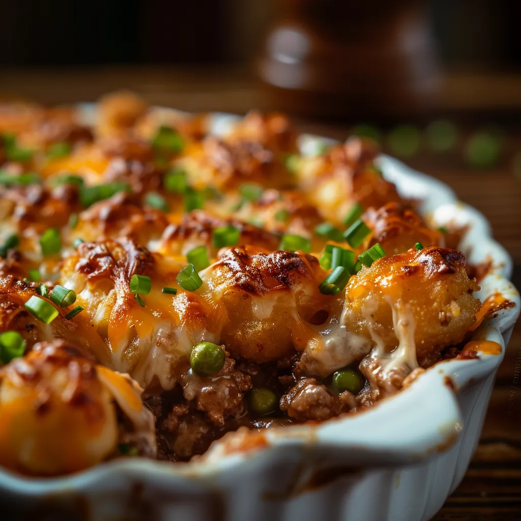 An appetizing Tater Tot Casserole with crispy tater tots on top, surrounded by a cozy kitchen backdrop.