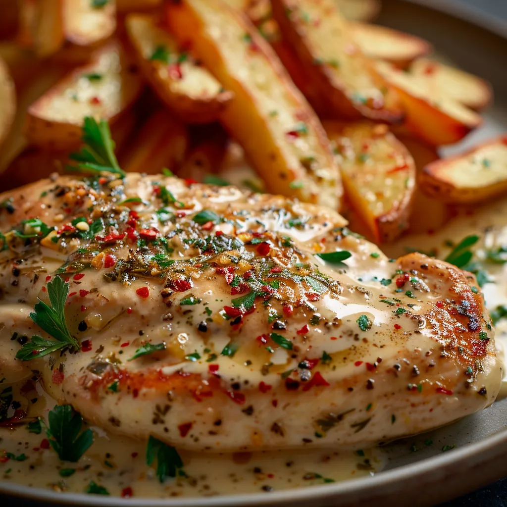 A plate featuring a juicy chicken fillet in garlic-parmesan sauce, accompanied by French fries and a sprinkle of parsley.