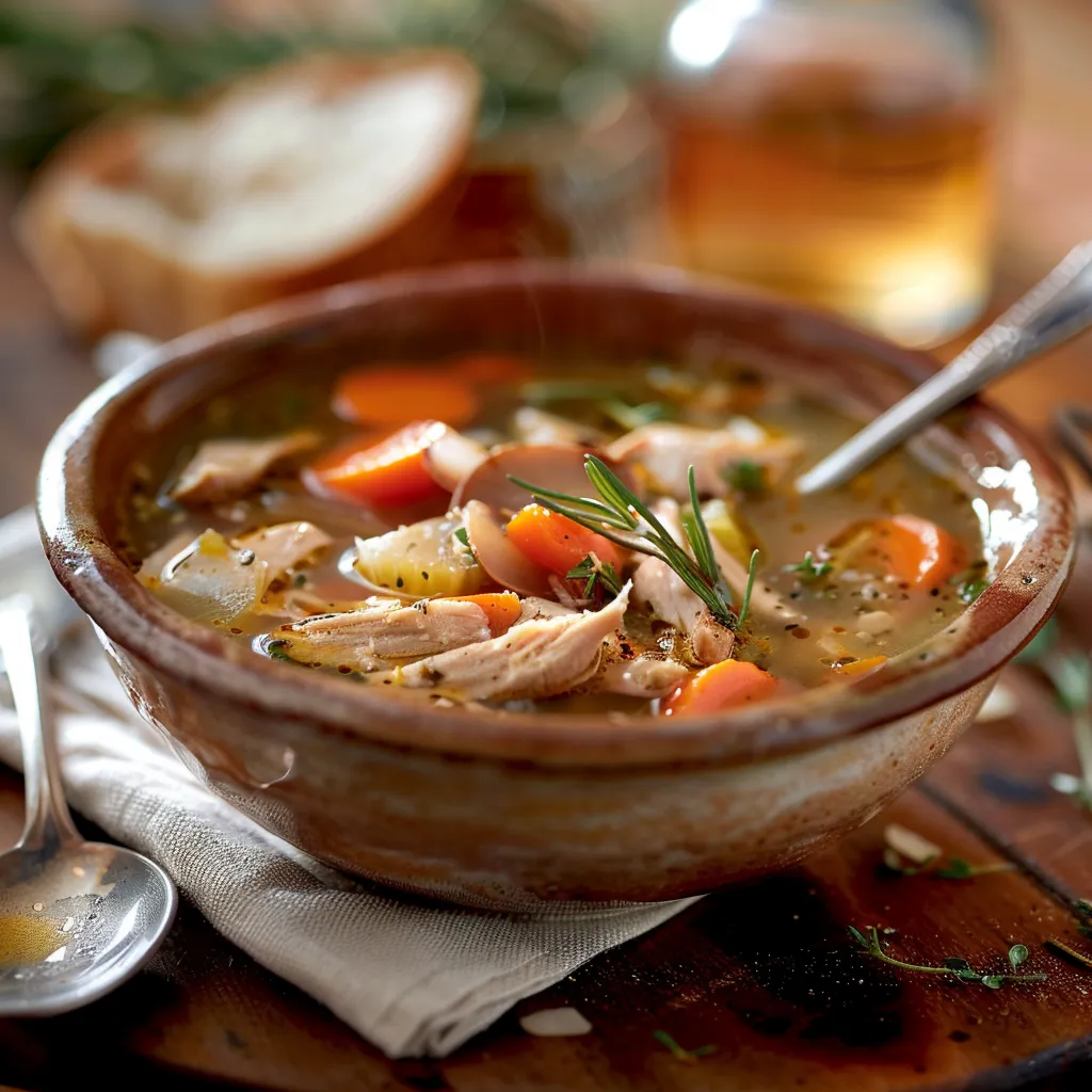 A warm bowl of chicken soup with steam rising, highlighting its rich texture and ingredients.