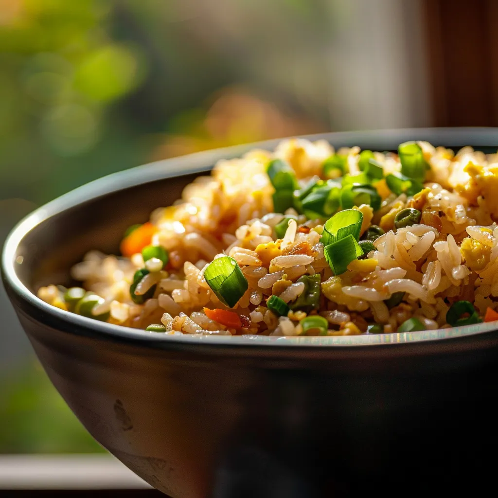 A detailed shot of a delicious fried rice dish featuring colorful mixed vegetables and a sprinkle of green onion.