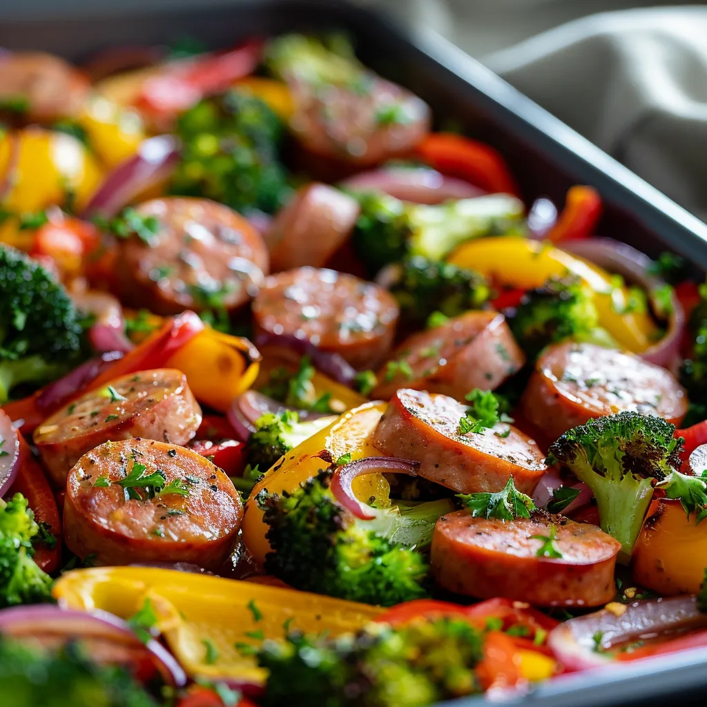 Eye-level view of a mouthwatering one-pan dinner featuring sausage, broccoli, and bell peppers.