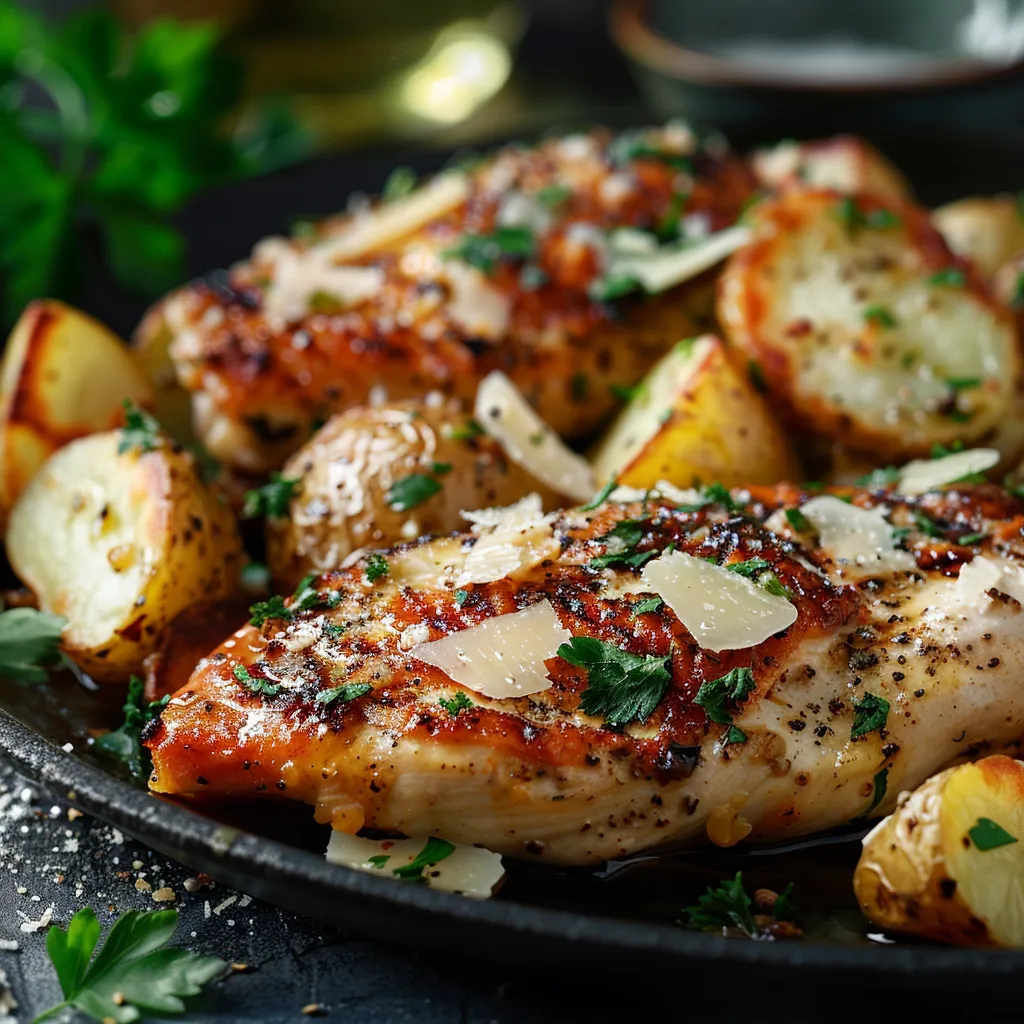 Eye-level shot showcasing Garlic Parmesan Chicken with golden-brown potatoes, enhanced by fresh parsley.