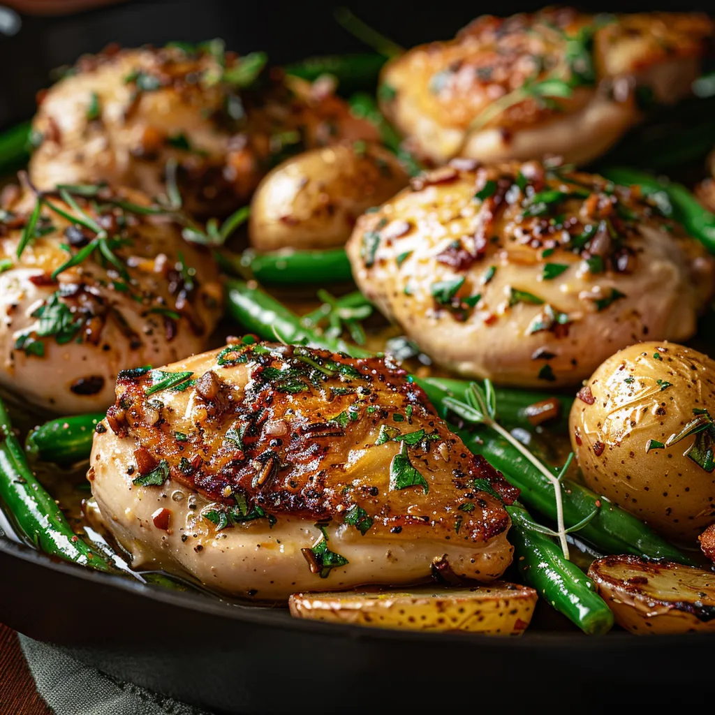 A delicious one-pan meal featuring garlic herb chicken, baby potatoes, and green beans.