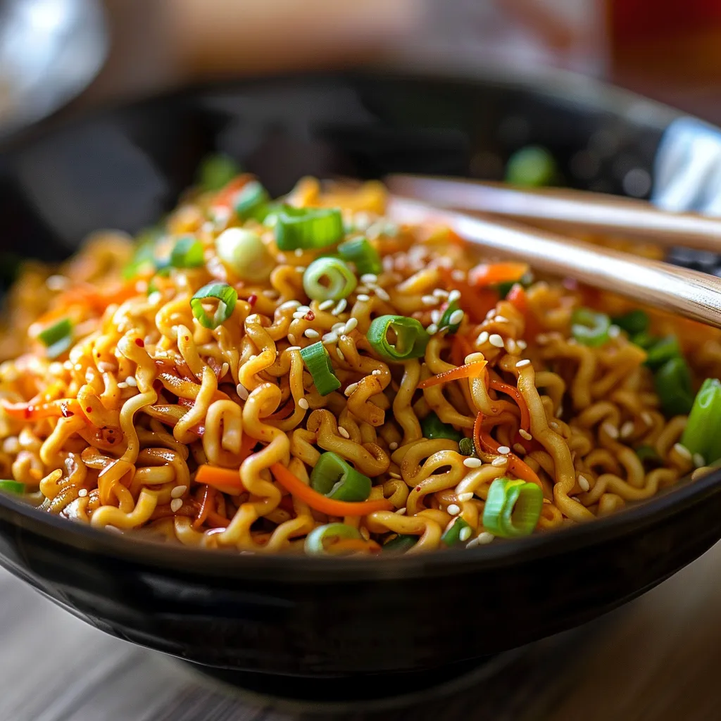 Bowl of saucy ramen noodles featuring colorful vegetables and green onions, topped with sesame seeds.