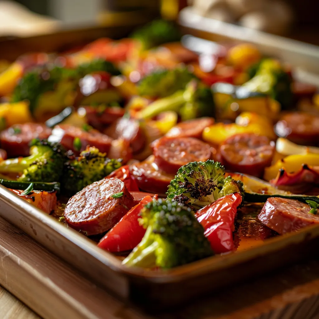 Close-up of a sheet pan featuring golden sausage slices and vibrant broccoli, bell pepper, and zucchini in a warm light.