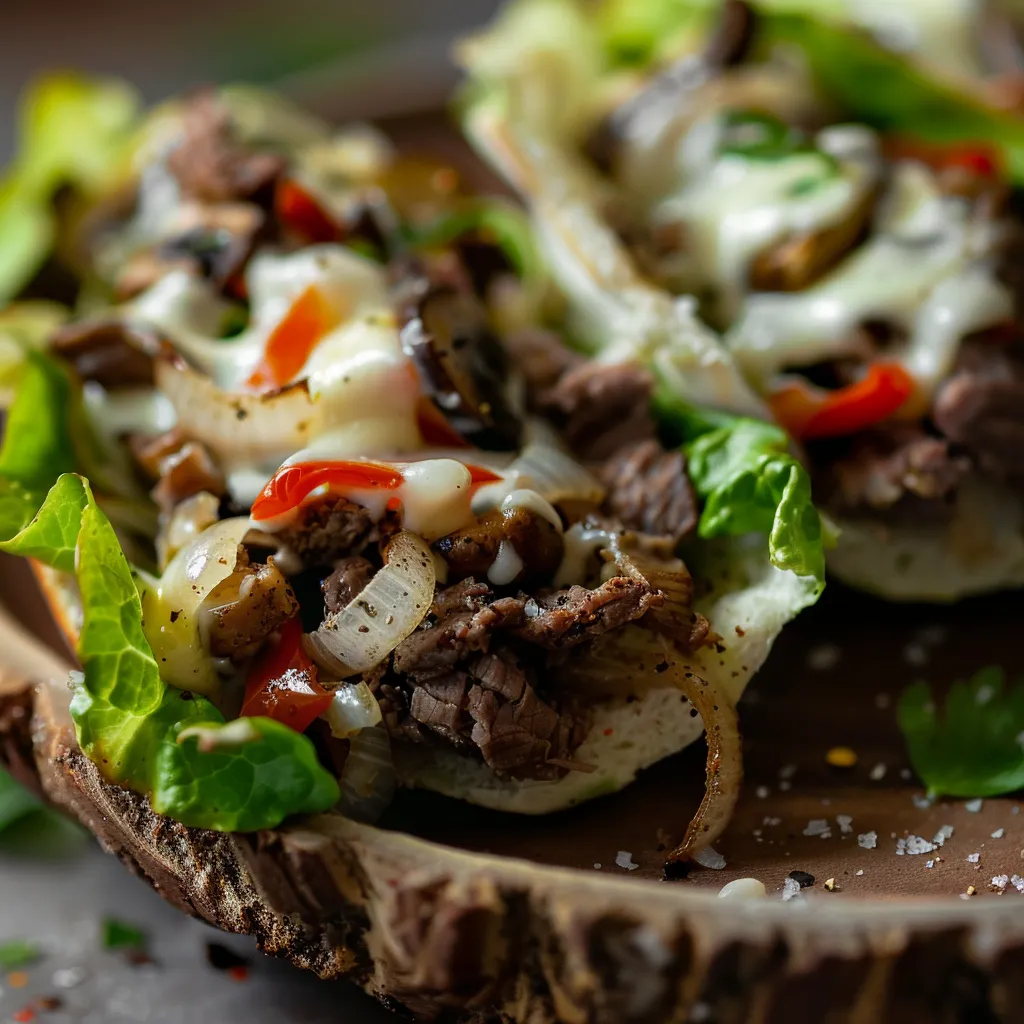 An eye-level shot of delicious Keto Philly Cheesesteak Rolls with a creamy texture, garnished with fresh vegetables.
