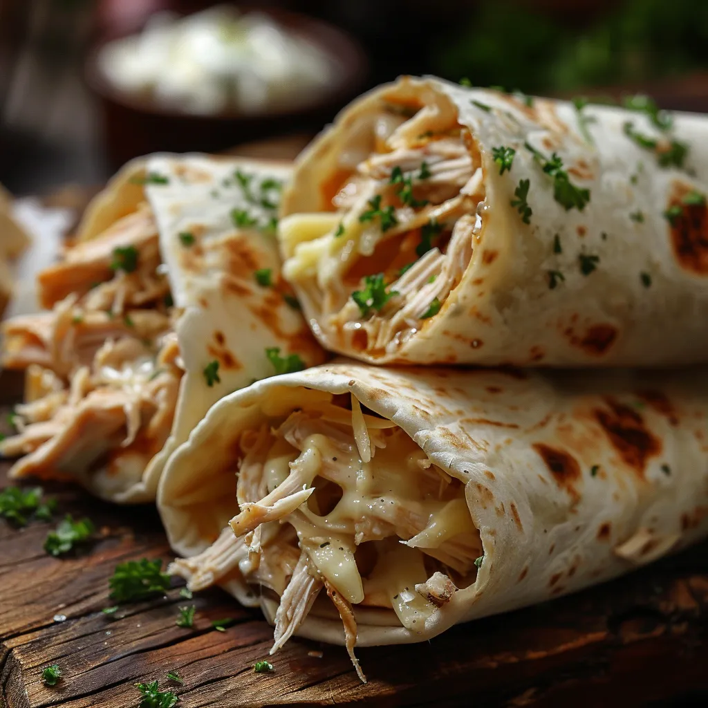 Delicious Cheesy Garlic Chicken Wraps showcasing ooey-gooey cheese and a warm tortilla, set against a blurred background.