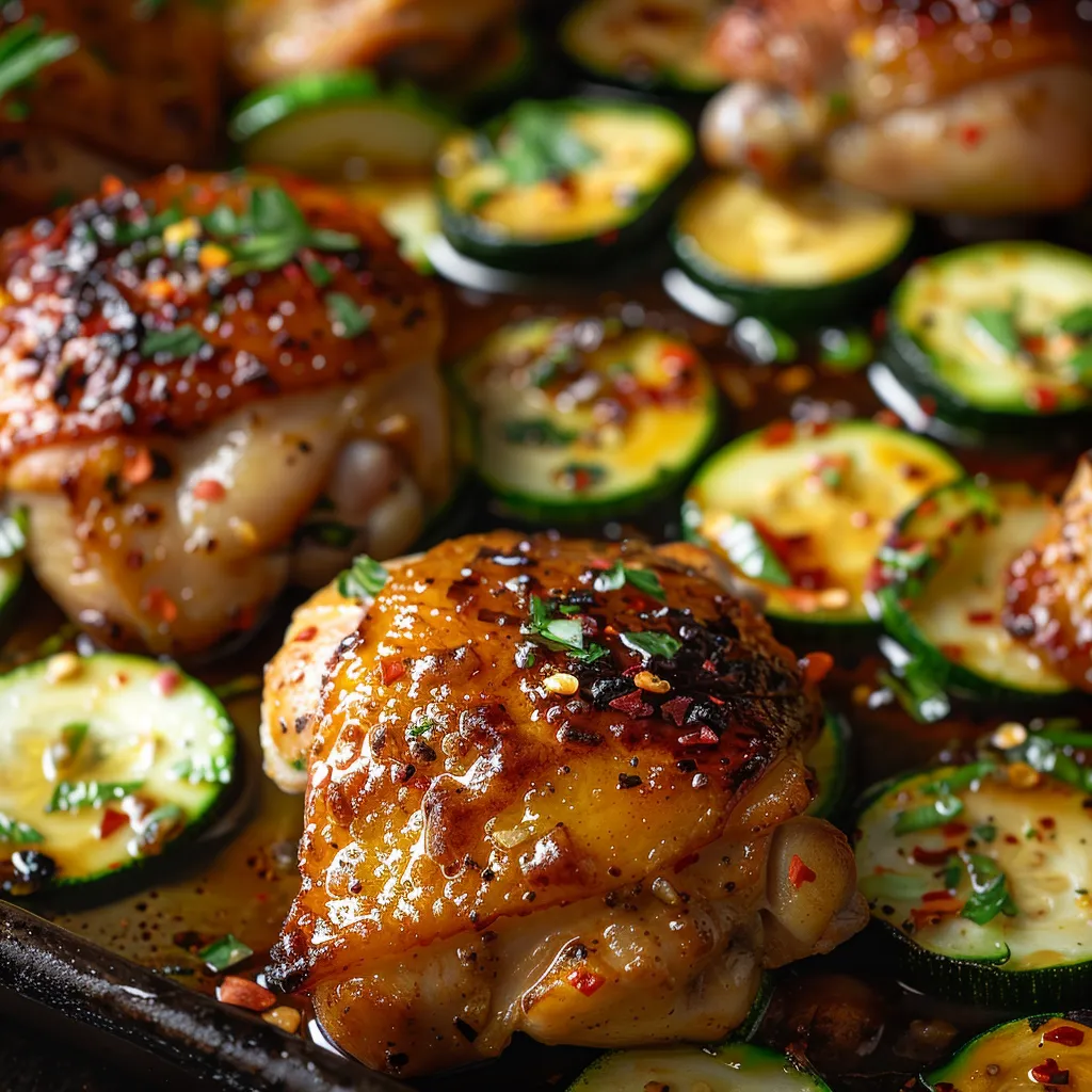 Eye-level shot of succulent hot honey garlic chicken and zucchini, highlighted by warm, natural lighting in a cozy setting.