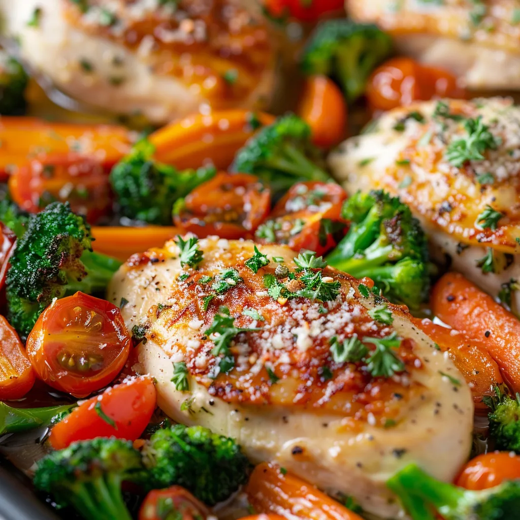 Mouthwatering shot of chicken breasts surrounded by colorful vegetables.