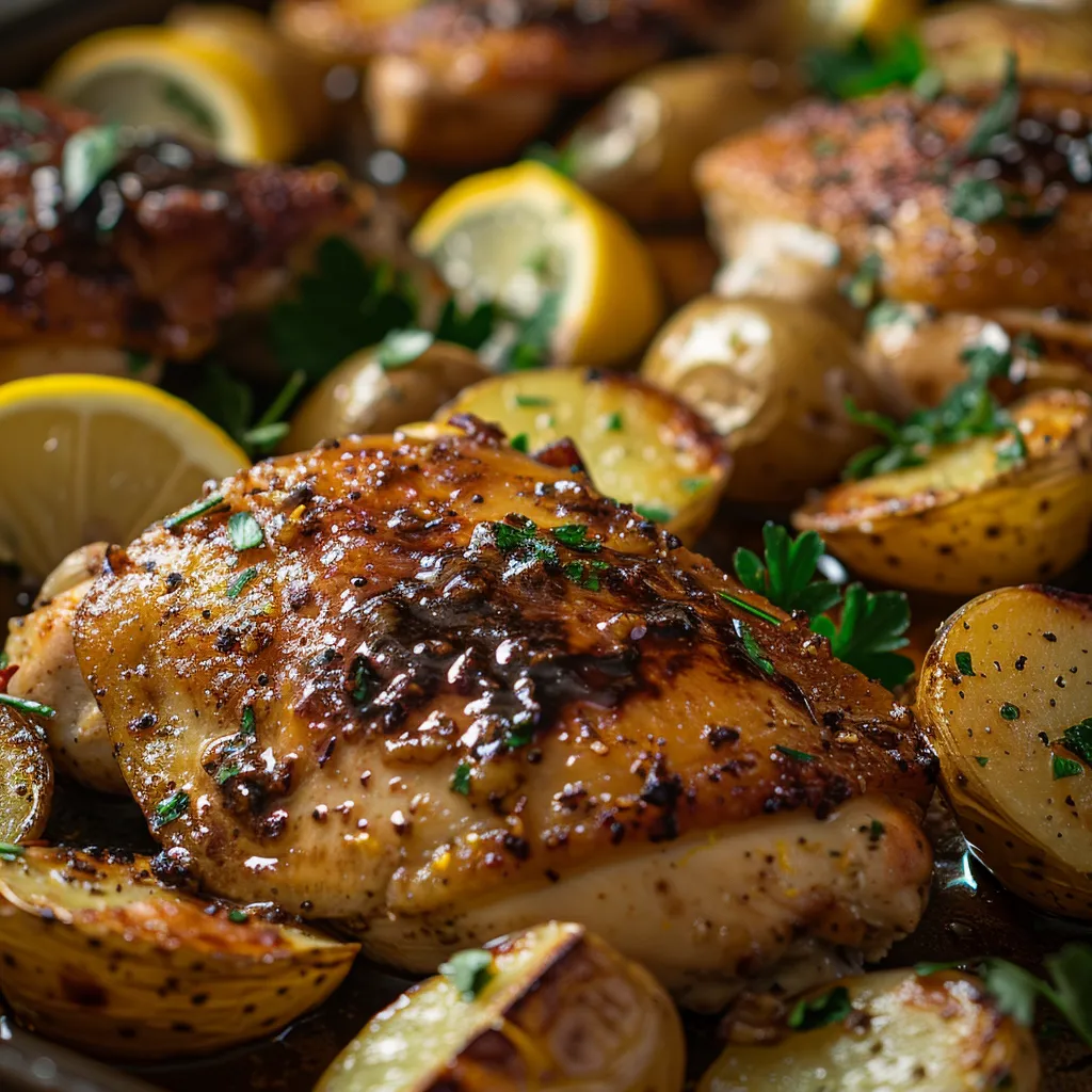 A vibrant dish of lemon balsamic chicken thighs and halved baby potatoes on a sheet pan.