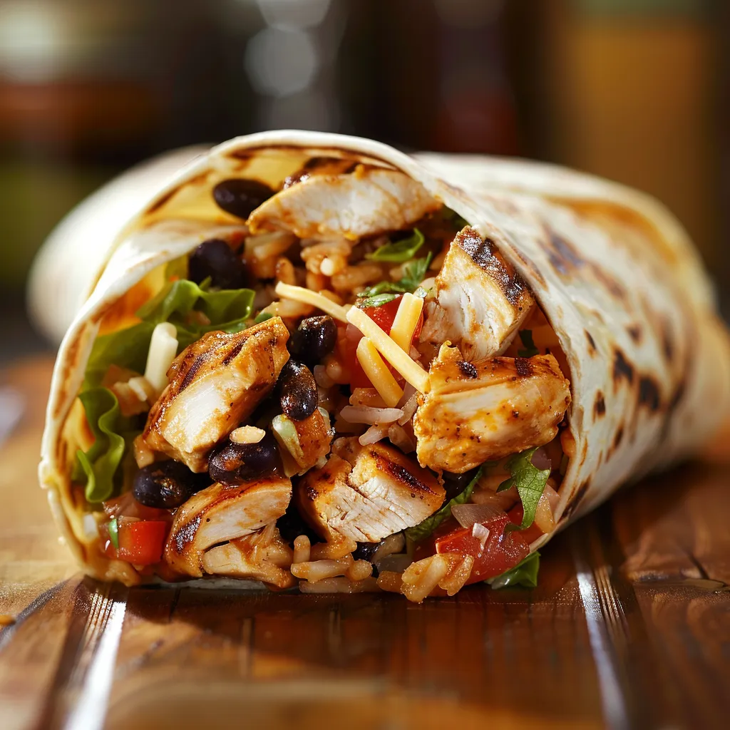 An appetizing burrito filled with grilled chicken, lettuce, and cheese, placed on a rustic surface.