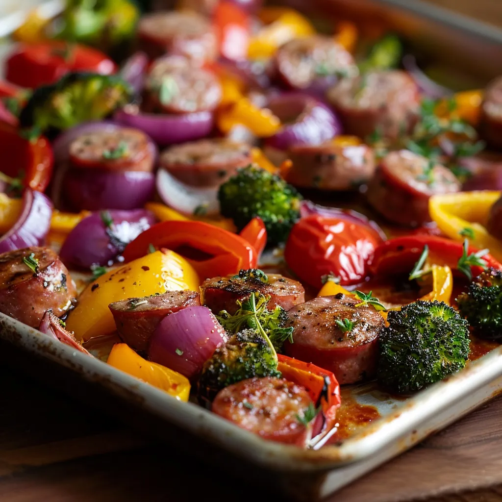 Delicious sheet pan meal with roasted sausage and vibrant vegetables, enhanced by natural lighting.