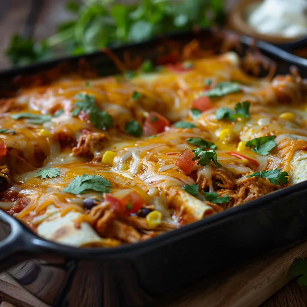 Deliciously plated chicken enchiladas with colorful toppings.