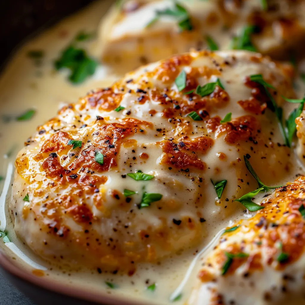Deliciously plated creamy ranch chicken breasts drizzled with sauce and surrounded by a blurred background.