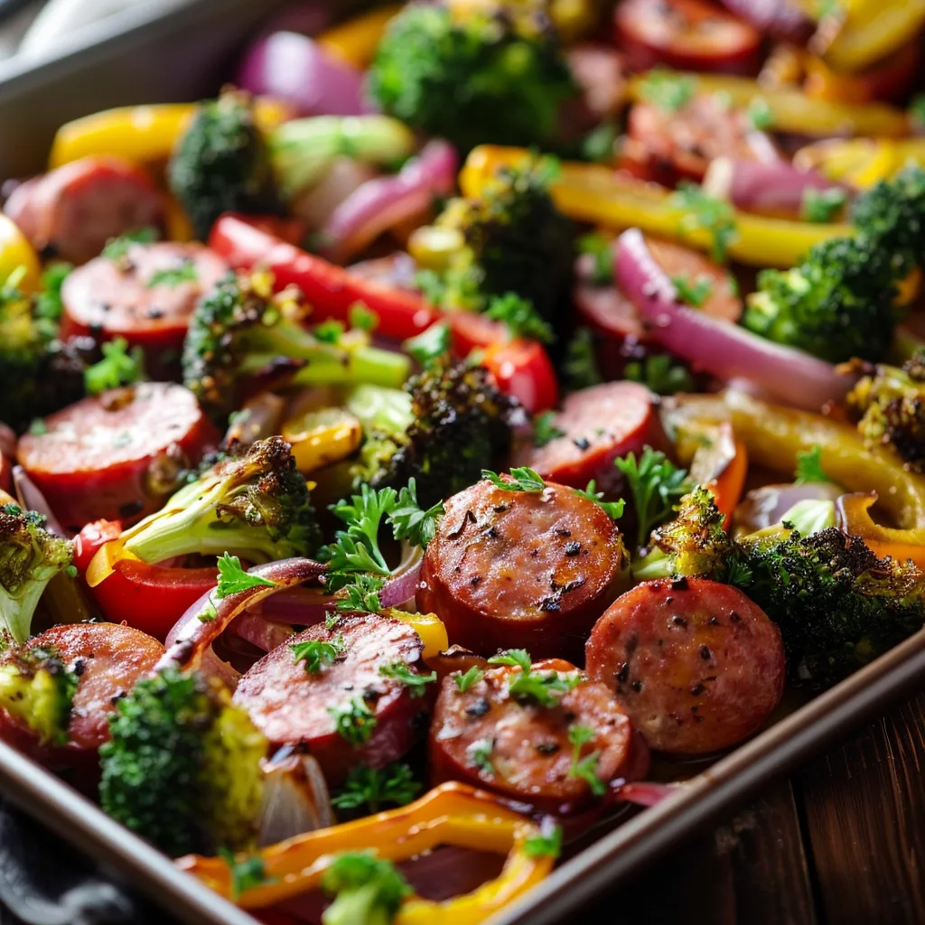A beautifully arranged sheet pan filled with sausage, broccoli, and bell peppers, showcasing a variety of textures and colors.