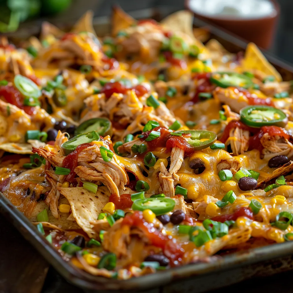 An appealing arrangement of Easy Sheet Pan BBQ Chicken Nachos with melted cheese, shredded chicken, and garnishes on a rustic wooden table.