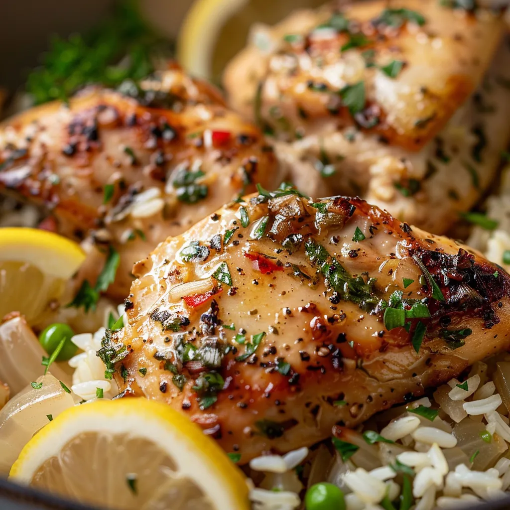 Dish of Slow Cooker Lemon Herb Chicken and Rice garnished with fresh herbs in warm lighting.