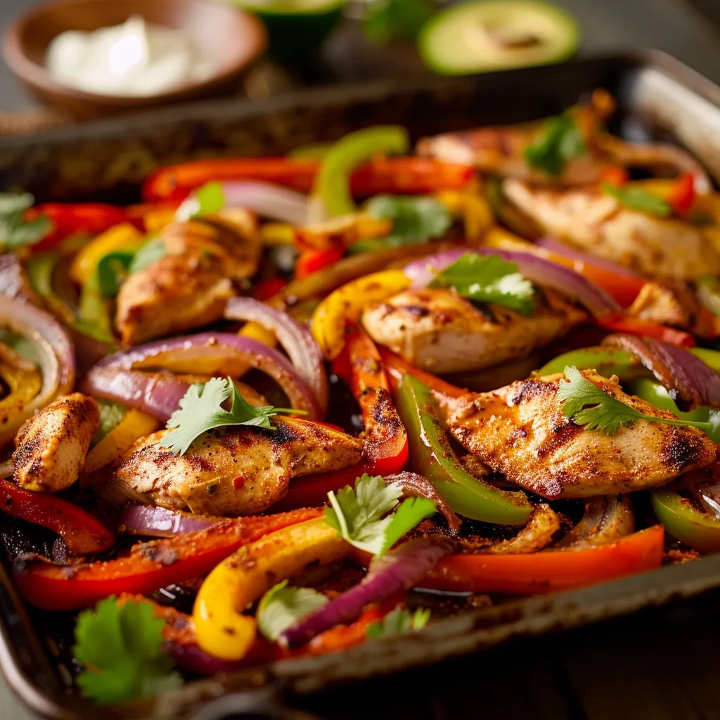 Warmly lit image featuring vibrant chicken fajitas on a sheet pan with tortillas and toppings.