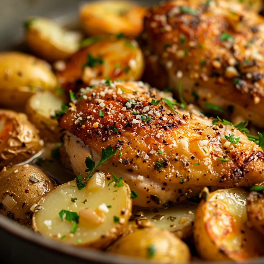 A bowl of Garlic Parmesan Chicken and Potatoes, showcasing tender chicken and vibrant garnishes.