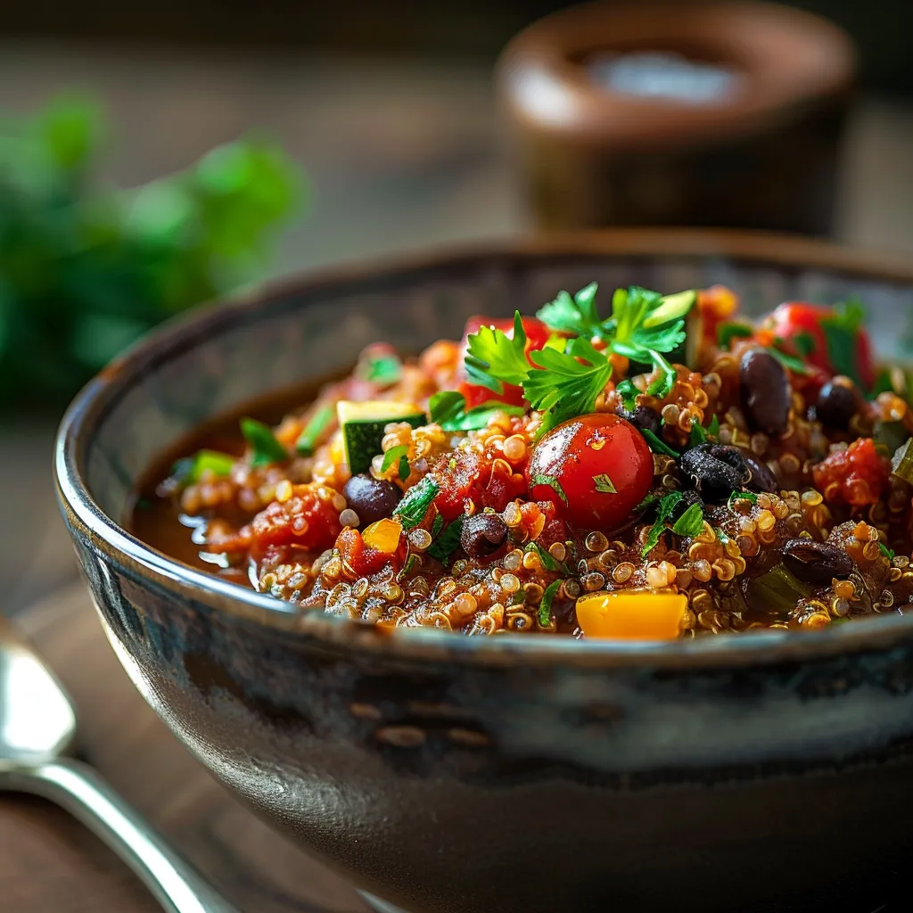 Colorful vegetable quinoa dish served in a bowl, garnished with fresh parsley.