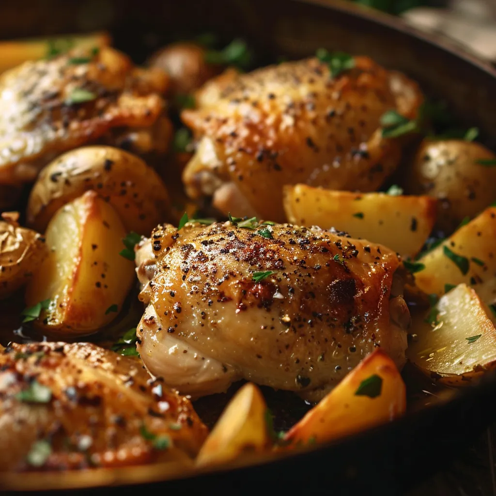 A beautifully arranged One-Pan Chicken and Potato Dinner, highlighting juicy chicken thighs and perfectly roasted potato wedges.