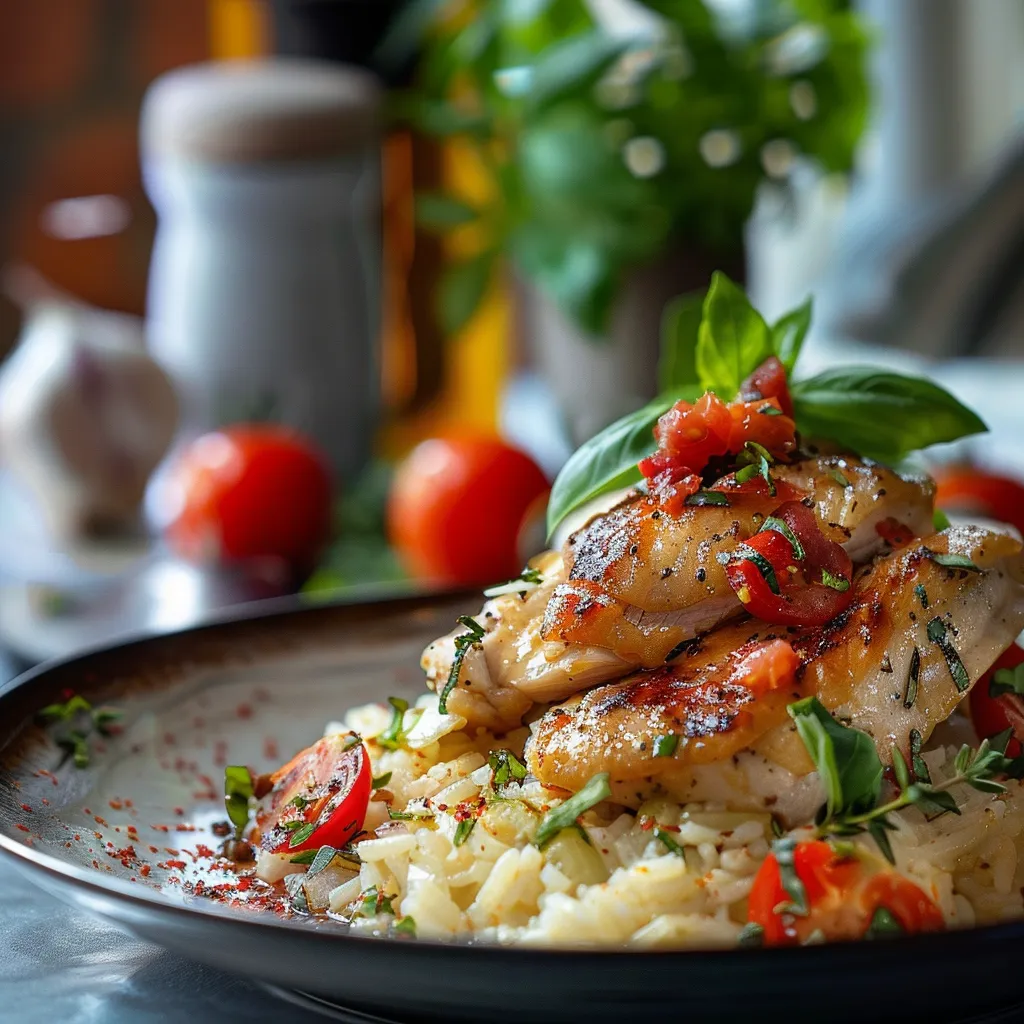 Vibrant dish of Serbian Chicken Rice, featuring diced chicken, vegetables, and rice, beautifully presented.