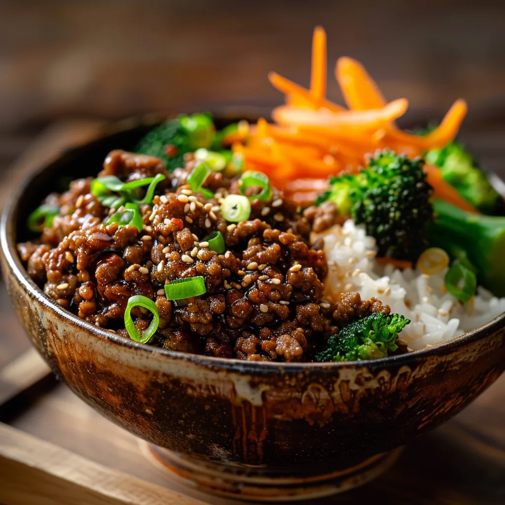 A delicious bowl of Korean Ground Beef served over rice, garnished with green onions and sesame seeds.