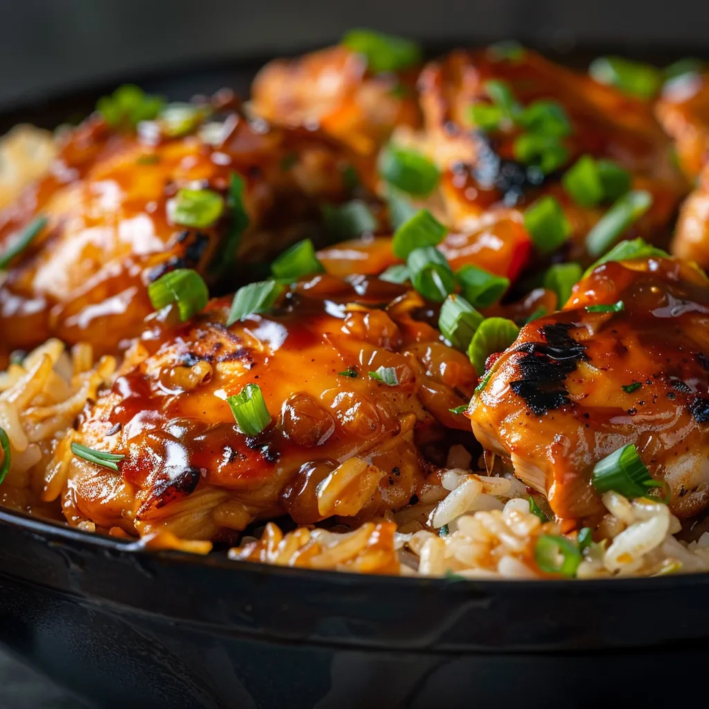 A beautifully plated dish of One-Pan Honey BBQ Chicken Rice featuring chicken, rice, and bell peppers in warm lighting.
