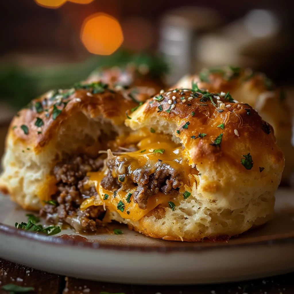 A mouthwatering Garlic Parmesan Cheeseburger Bombs, featuring a warm biscuit exterior filled with beef and cheese.