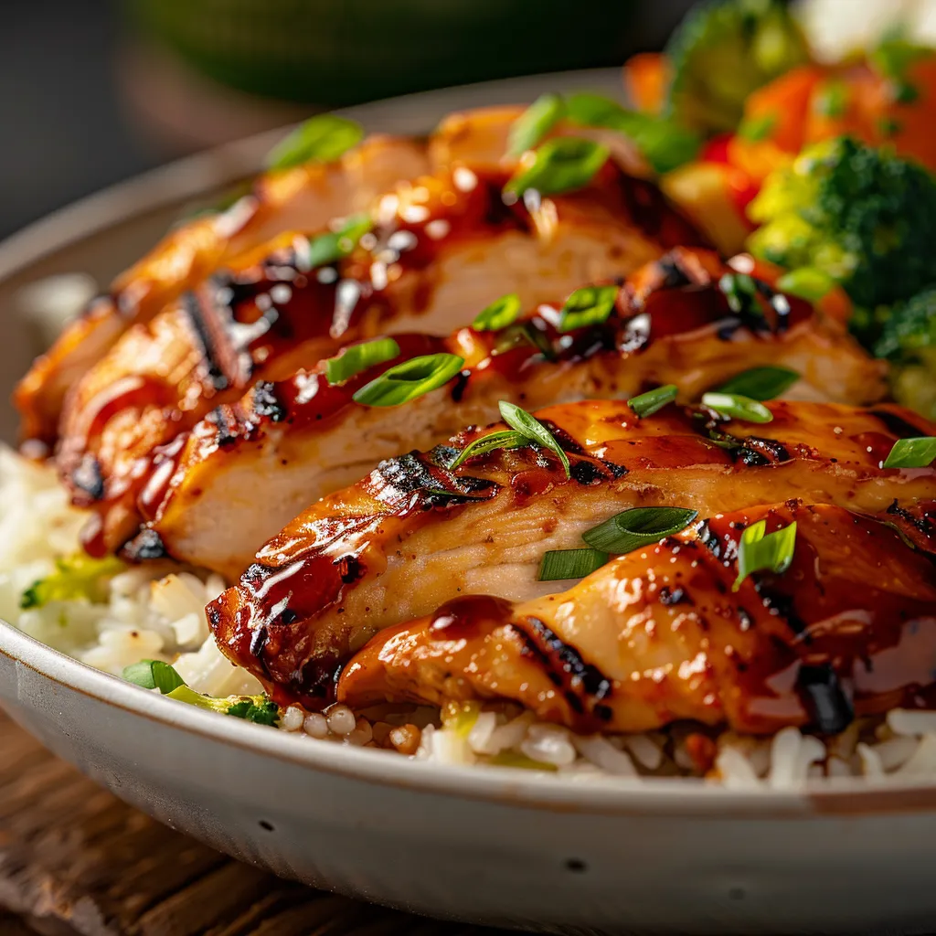 A vibrant dish featuring honey BBQ chicken, rice, and colorful vegetables, highlighted by soft lighting.