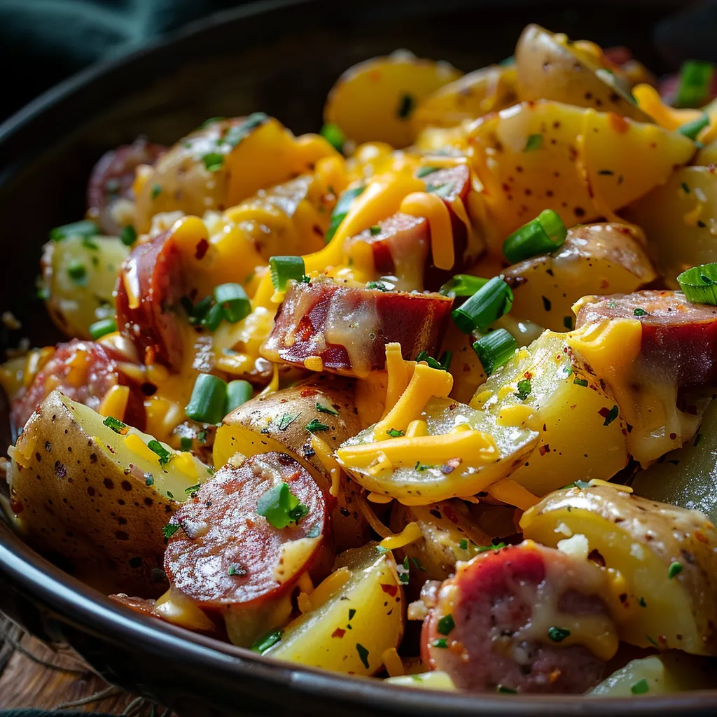 Delicious dish of sliced smoked sausage and halved baby potatoes topped with melted cheese and herbs.